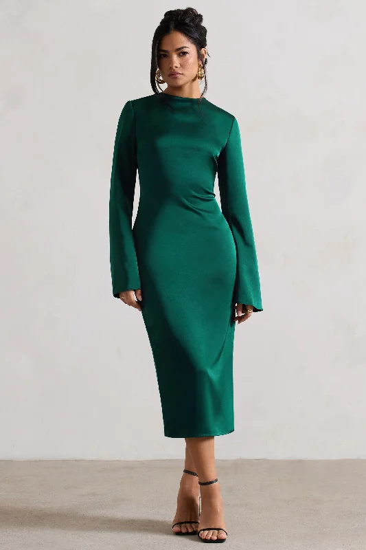 Sheath Women Dress with a Tailored Fit for a Professional LookZaina | Bottle Green Long Sleeve Midi Dress with High Neckline