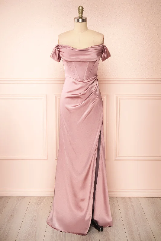 Pleated Women Dress with a Timeless and Elegant TextureEvolet Mauve | Off-Shoulder Corset Maxi Dress