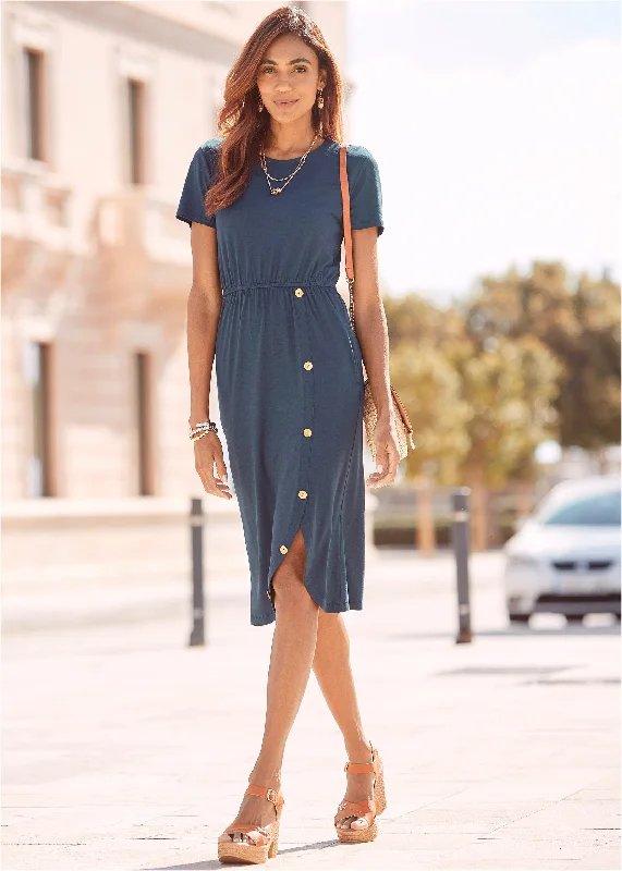 Sheath Women Dress with a Tailored Fit for a Professional LookButton Detail Midi Dress - Blue