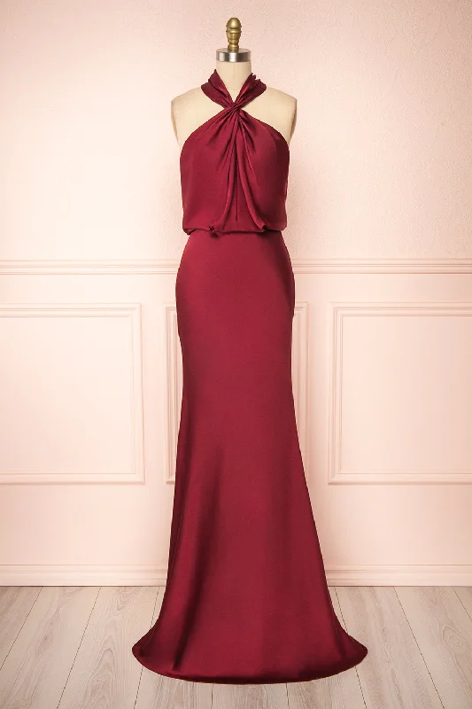 Shift Women Dress with a Simple and Classic Design for Everyday WearJinny Burgundy | Satin Halter Maxi Dress