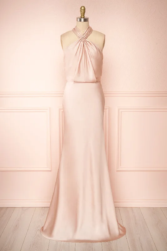 Pleated Women Dress with a Timeless and Elegant TextureJinny Champagne | Satin Halter Maxi Dress