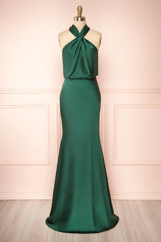 Lace - Embellished Women Dress for an Elegant and Sophisticated AppearanceJinny Emerald | Satin Halter Maxi Dress