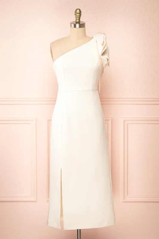 Off - the - Shoulder Women Dress for a Romantic and Feminine LookLiliana | One Shoulder Ivory Midi Dress w/ Bow