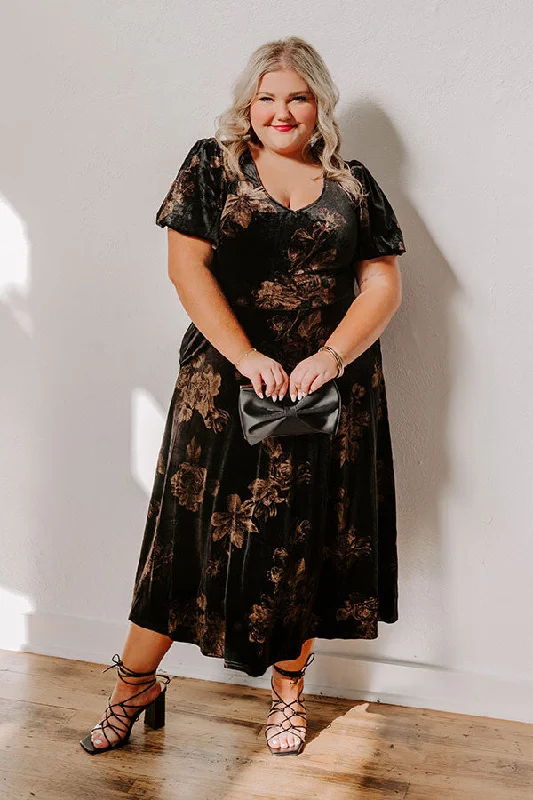 Off - the - Shoulder Women Dress for a Romantic and Feminine LookMaple and Mahogany Floral Velvet Midi Curves