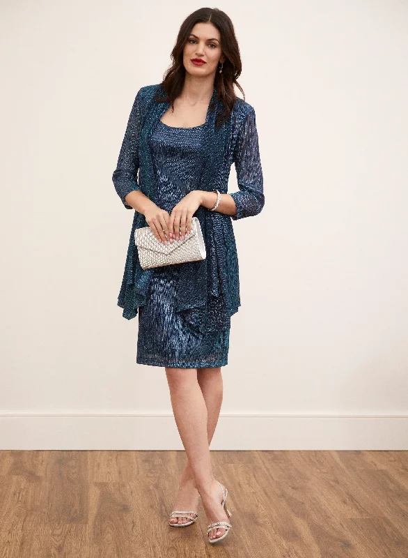 Long - Sleeve Women Dress in Velvet for a Luxurious Winter LookMetallic Plisse Dress & Jacket Set