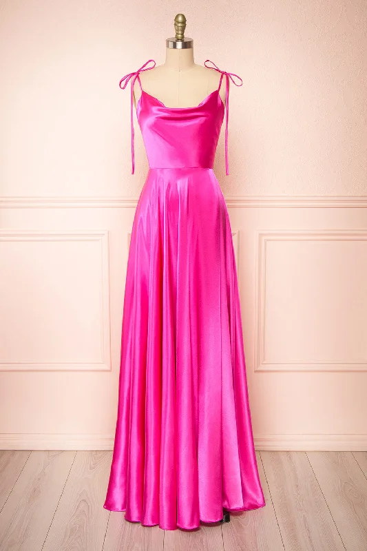 Backless Women Dress for a Sexy and Alluring Look at Evening EventsMoira Fuchsia | Cowl Neck Satin Maxi Dress w/ High Slit