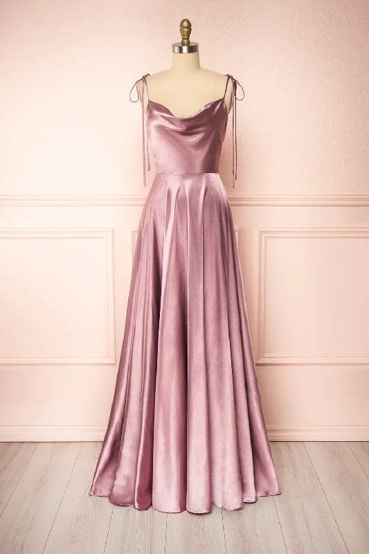 Mini Women Dress with a Short Hem for a Young and Trendy StyleMoira Mauve | Cowl Neck Satin Maxi Dress w/ High Slit