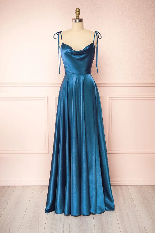 Strapless Women Dress with a Built - in Bra for Comfort and SupportMoira Royal Blue | Cowl Neck Satin Maxi Dress w/ High Slit