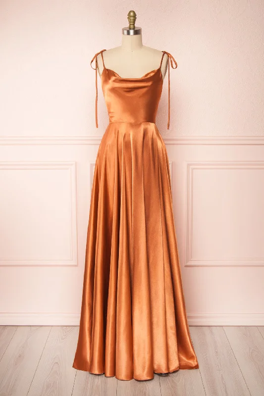 Off - the - Shoulder Women Dress for a Romantic and Feminine LookMoira Rust | Cowl Neck Satin Maxi Dress w/ High Slit