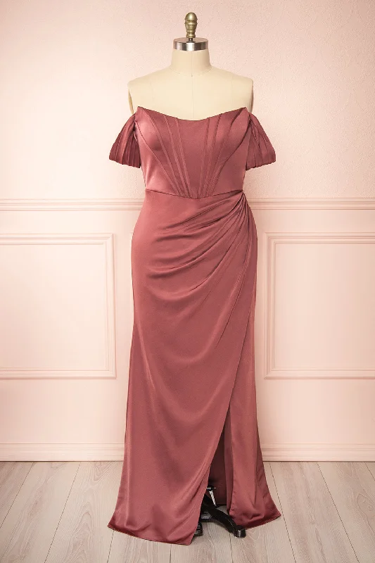 Ruffled Women Dress with Multiple Layers for a Playful and Girly StyleNamie Mauve | Corset Maxi Dress w/ Removable Straps