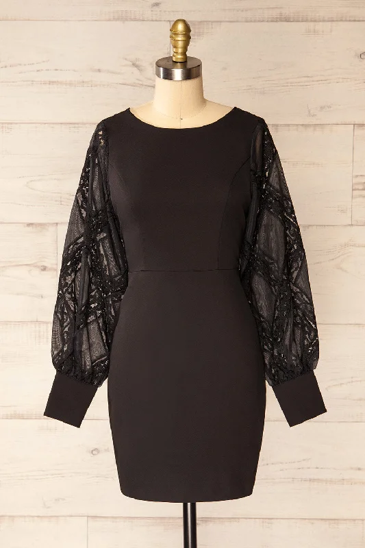 Long - Sleeve Women Dress in Velvet for a Luxurious Winter LookNanterre | Short Black Dress w/ Lace Sleeves