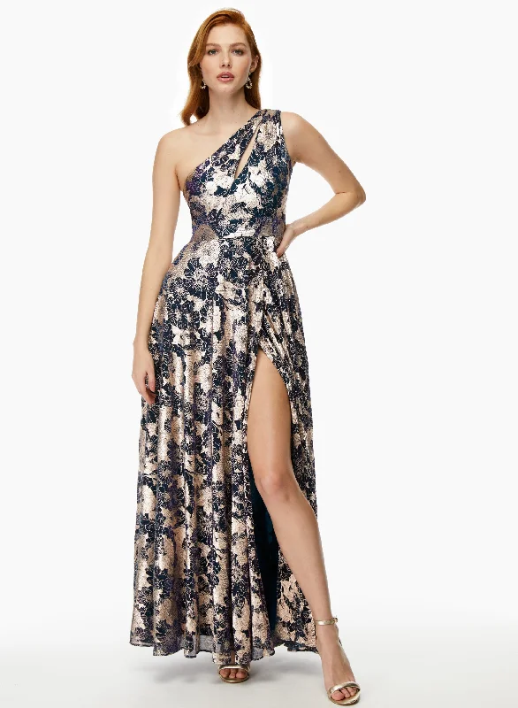 Printed Abstract Women Dress for a Modern and Artistic AppealOne Shoulder Metallic Plisse Dress