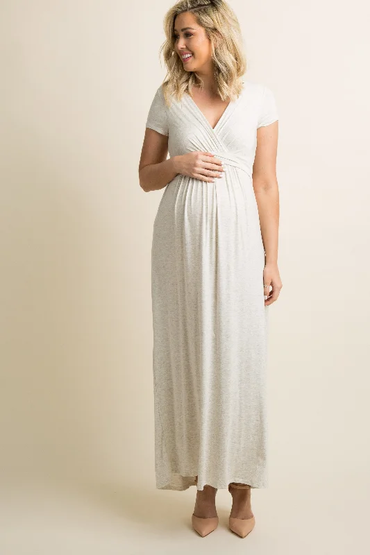 Wrap - Style Women Dress with Adjustable Fit for All Body TypesPinkBlush Beige Draped Maternity/Nursing Maxi Dress