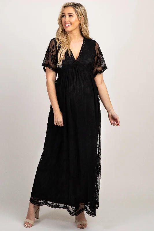 Maxi Women Dress with Floral Print for a Bohemian VibePinkBlush Black Lace Mesh Overlay Maternity Maxi Dress