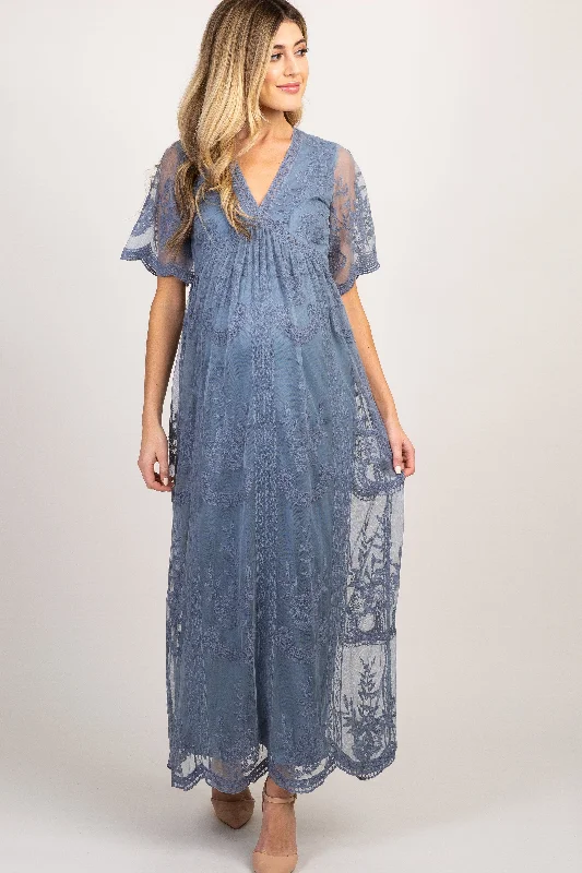 Ball Gown Women Dress with a Full Skirt for a Princess - like LookPinkBlush Blue Lace Mesh Overlay Maternity Maxi Dress