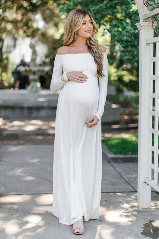 Mermaid - Style Women Dress with a Fitted Silhouette for Special OccasionsPinkBlush Petite Ivory Solid Off Shoulder Maternity Maxi Dress