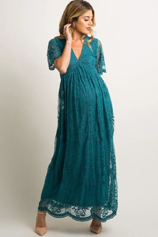 Lace - Embellished Women Dress for an Elegant and Sophisticated AppearancePinkBlush Teal Lace Mesh Overlay Maternity Maxi Dress