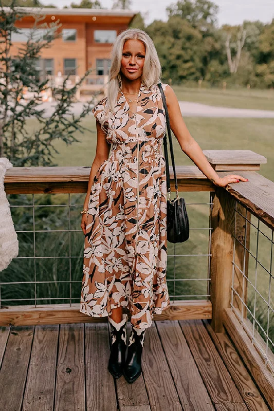 Pleated Women Dress with a Timeless and Elegant TextureWinery Welcome Floral Midi in Camel