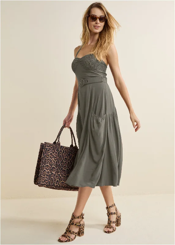 Sheath Women Dress with a Tailored Fit for a Professional LookBelted Halter Midi Dress - Olive