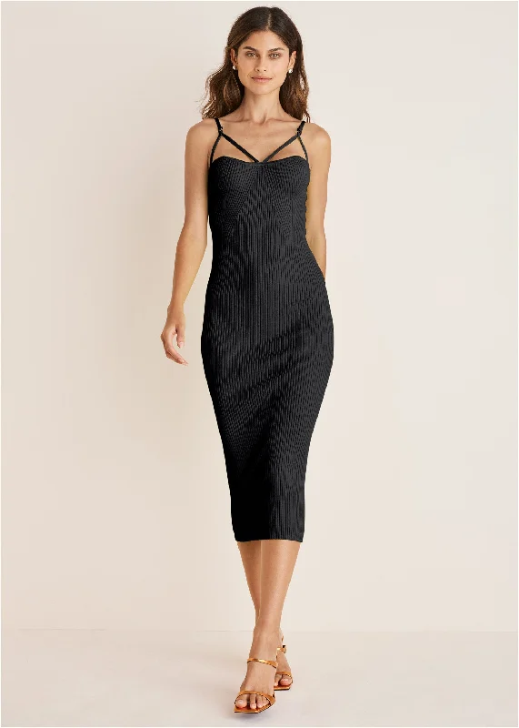 Empire Waist Women Dress to Accentuate the Bust and Conceal the WaistStrappy Midi Dress - Black