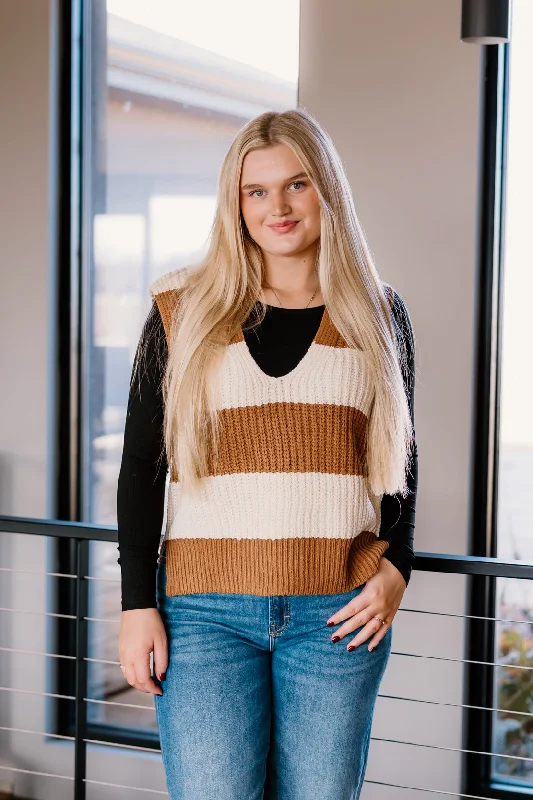 oversized women cardigan for a trendy and cozy lookAlana Striped Sweater Vest | Brown