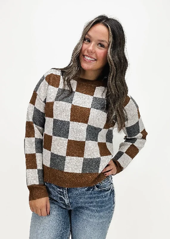 cropped women cardigan to pair with high - waisted jeansAva Checkered Crew Neck Sweater