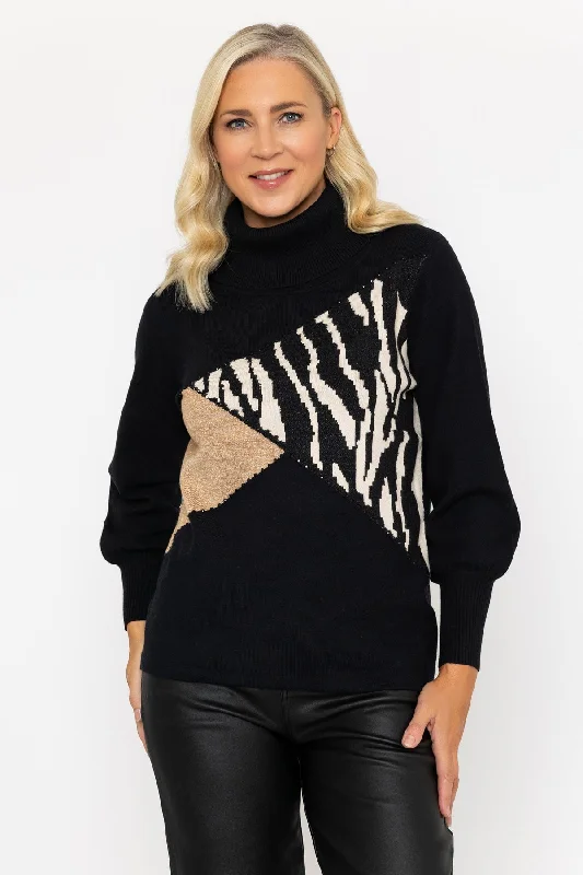 boyfriend style women cardigan for a relaxed fitBlack Animal Print Colour Block Knit Jumper