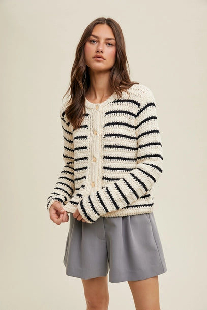 v neck women cardigan to elongate the necklineCameron Striped Cardigan