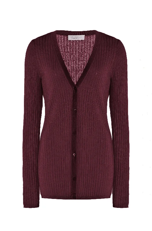 color block women cardigan with bold huesEmma Pointelle Knit Cardigan in Bordeaux Cashmere Silk