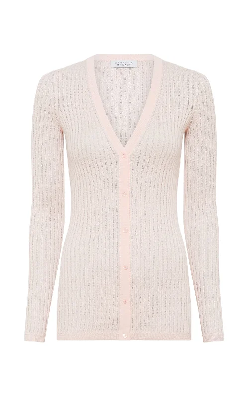 v neck women cardigan to elongate the necklineEmma Pointelle Knit Cardigan in Pale Blush Cashmere Silk