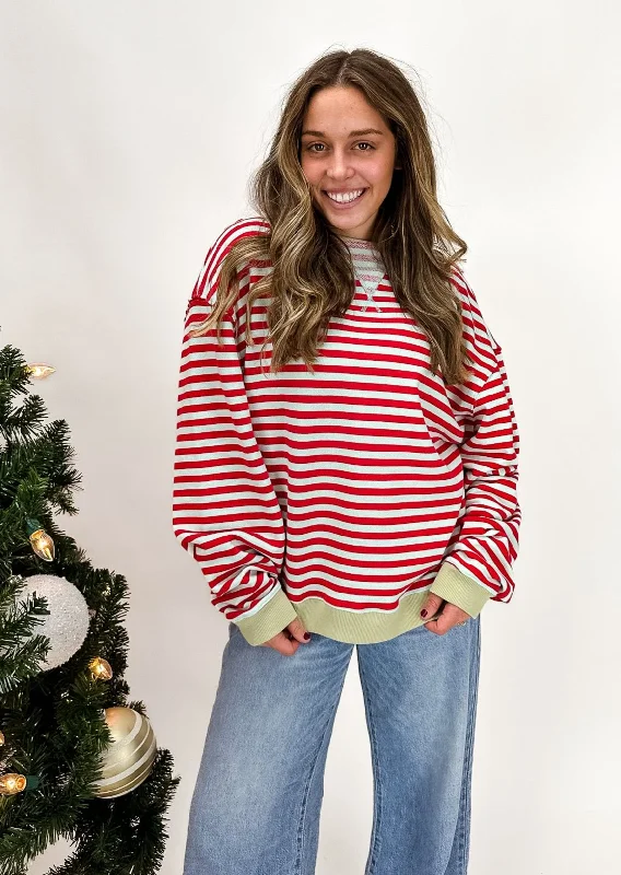 color block women cardigan with bold huesFree People Classic Striped Oversized Crewneck - Cherry Combo