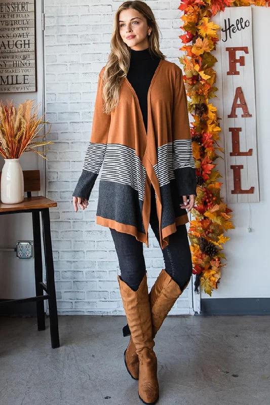 cable knit women cardigan with intricate patternsHeimish Long Sleeve  Color Block Open Cardigan