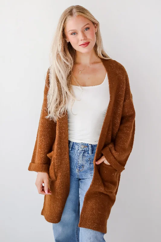 v neck women cardigan to elongate the necklineLuxurious Era Brown Longline Sweater Cardigan