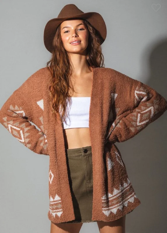 oversized women cardigan for a trendy and cozy lookNina ~ Camel Aztec Print Cardigan