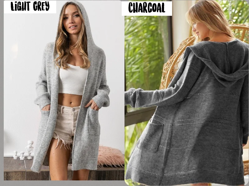 floral print women cardigan for a feminine touchOPEN FRONT HOODIE SWEATER CARDIGAN WITH FRONT PATCH POCKET - LIGHT GREY OR CHARCOAL