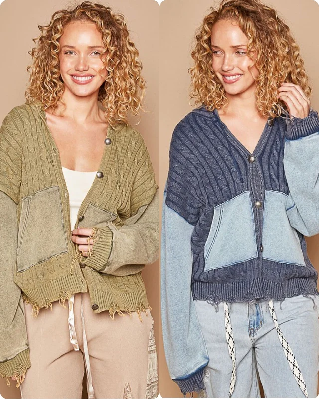 hand knitted women cardigan with artisanal charmPOL Vintage washed front pockets distressed cardigan - Blue Heather or Olive