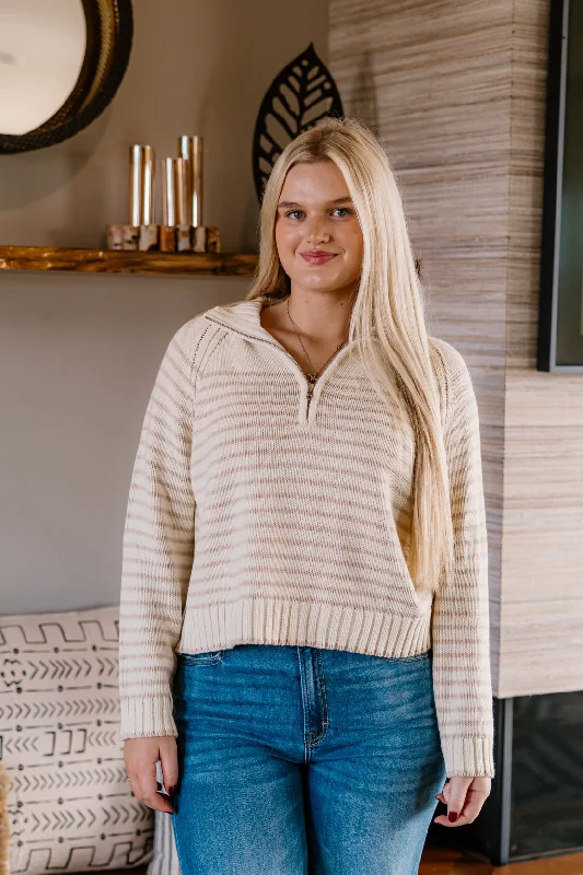 v neck women cardigan to elongate the necklineNaya Striped Sweater | Cream Taupe