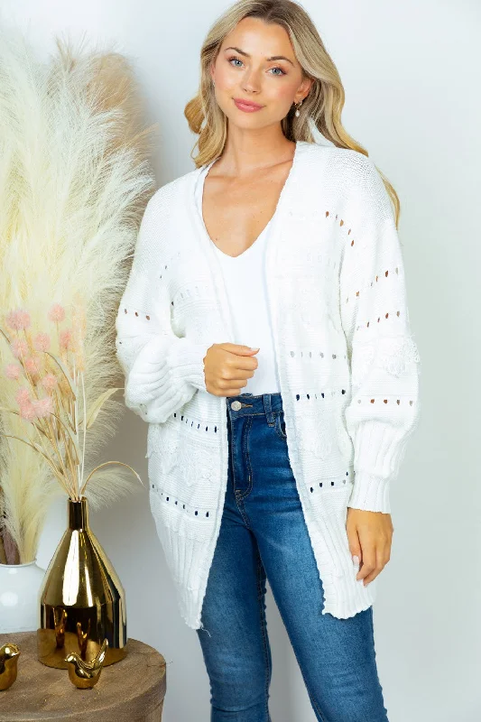 boyfriend style women cardigan for a relaxed fitWhite Birch Open Front Eyelet detail Cardigan