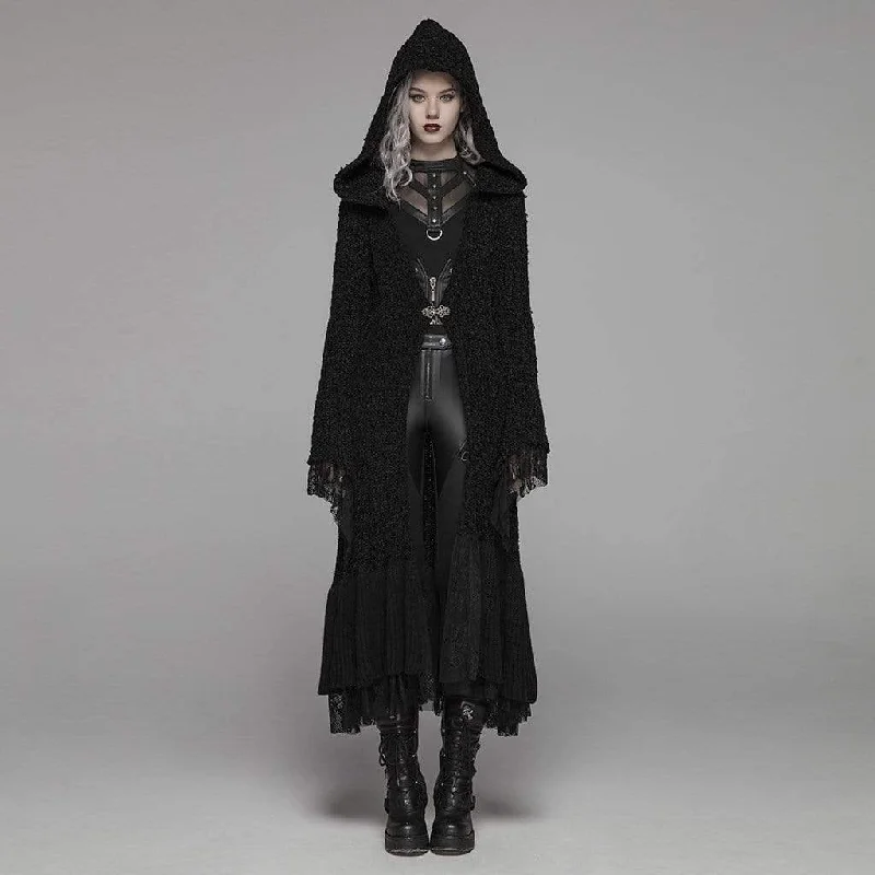 plus size women cardigan for comfortable layeringWomen's Goth Multilayer Hooded Woolen Cardigan With Lace Sleeves