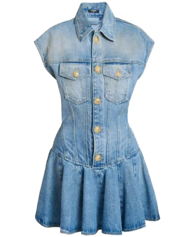 Denim Flare Mini Dress in Blue