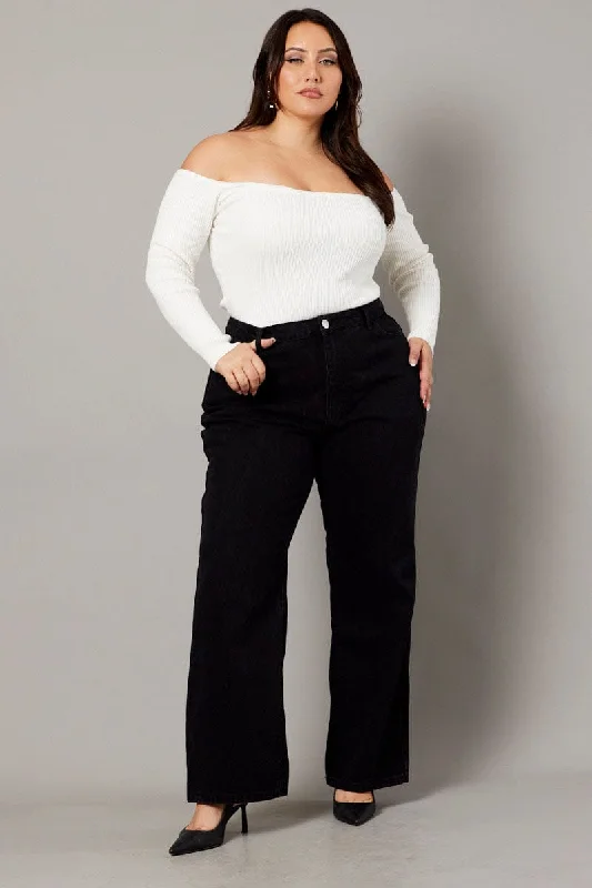 Black Wide Leg Jeans High Rise Distress Details