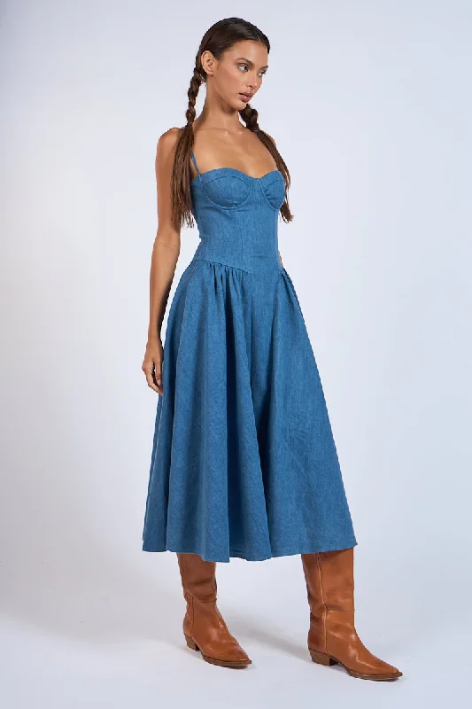 DENIM UNDERWIRE SLEEVELESS FIT AND FLARE MIDI DRESS