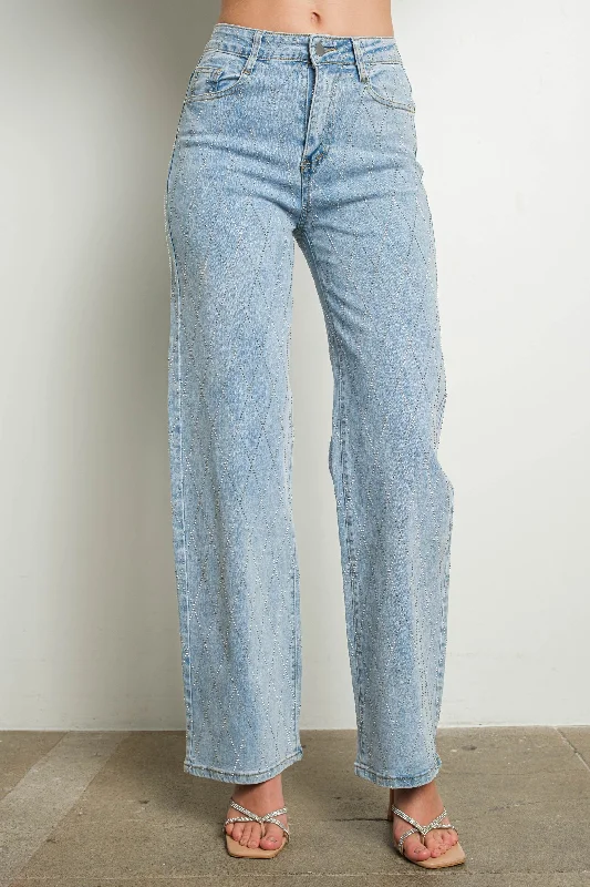 Diamond pattern rhinestone stretch denim pants