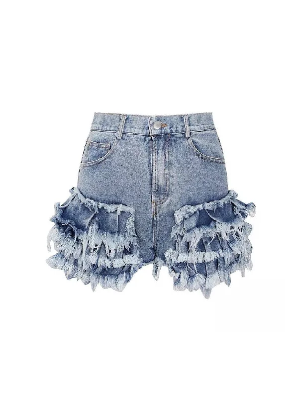 Ruffle Detailed Raw Edge Denim Shorts