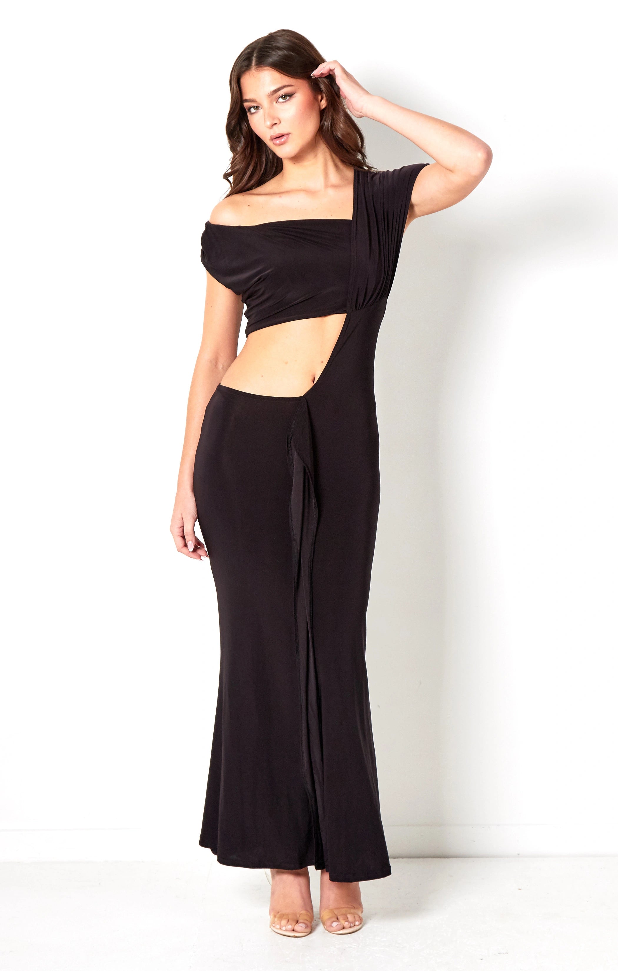 Backless Women Dress for a Sexy and Alluring Look at Evening EventsBlack Ruched Detail High Neck Cut Out Detail Maxi Dress-Adeline