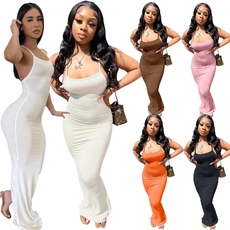 Plus Size Women Dress with a Flattering A - Line Cut for Comfort and StyleBlack Summer Slip Sexy High Waist Strap Long Solid Color Dress