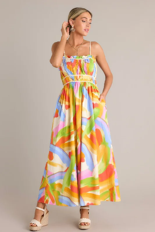 Ruffled Women Dress with Multiple Layers for a Playful and Girly StyleCall Me Yours 100% Cotton Yellow Multi Print Maxi Dress