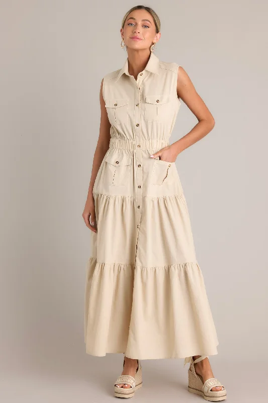 Lace - Embellished Women Dress for an Elegant and Sophisticated AppearanceDesert Dusk Beige Button Front Tiered  Maxi Dress