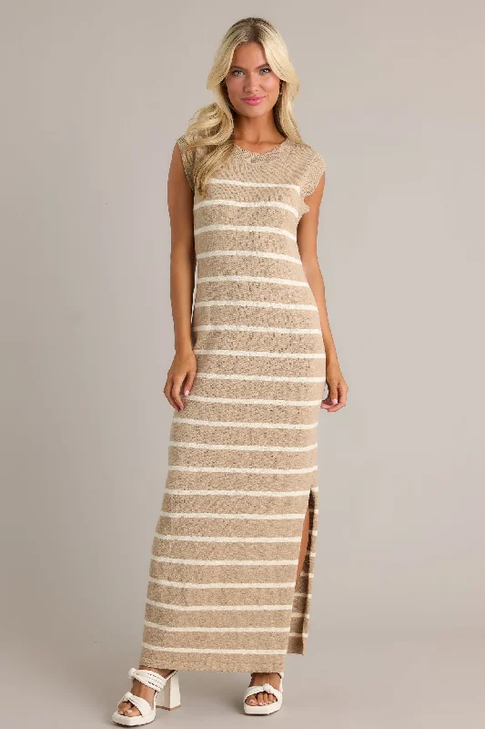 Wrap - Style Women Dress with Adjustable Fit for All Body TypesNeutral Grace Taupe Stripe Sleeveless Maxi Dress