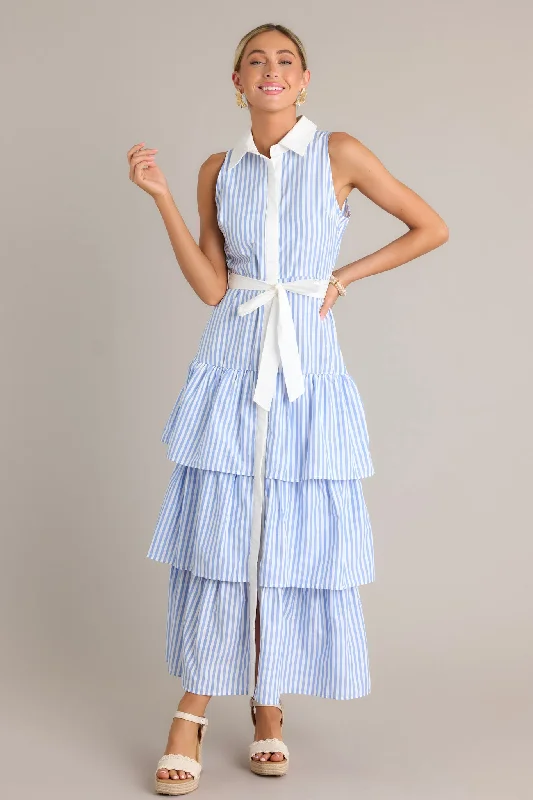 Wrap - Style Women Dress with Adjustable Fit for All Body TypesTreasure Trove Blue Stripe Button Front Maxi Dress